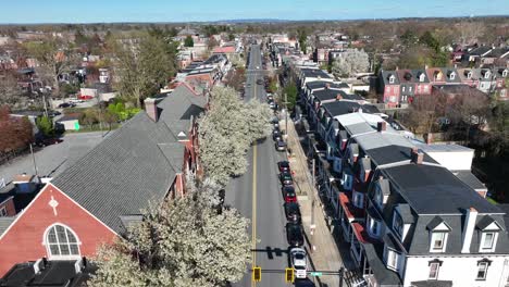 Aerial-dolly-over-urban-city-street-in-USA