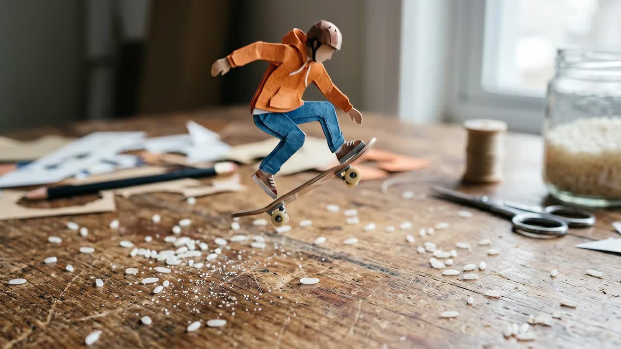 Figura in papercraft che esegue un trick con lo skateboard su un tavolo di legno.