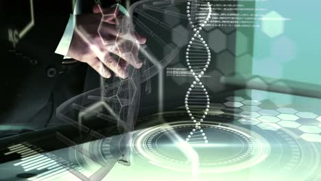 Animation-of-dna-strand-and-human-model-over-caucasian-businessman-touching-digital-interface