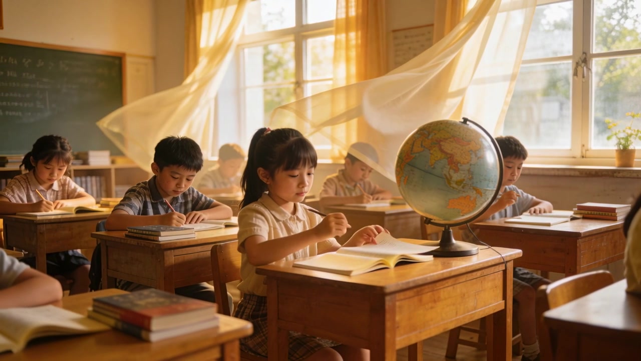 Gadis membaca mengenakan kemeja berkerah, membalik halaman dan menulis di kelas yang diterangi matahari dengan globe untuk keperluan belajar.