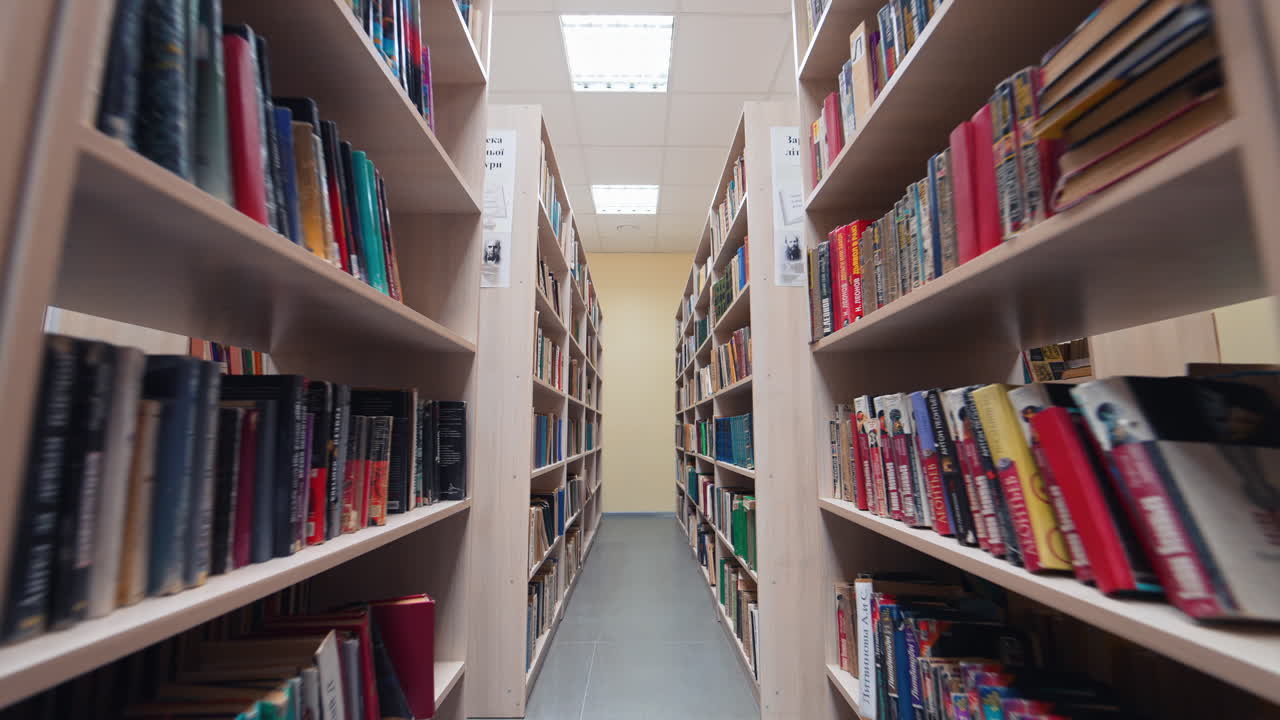 Bookshelves in the university library. Shot between two shelves filled with books