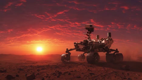 a robotic explorer navigating the martian landscape at dusk, capturing the essence of space exploration and the wonders of the red planet in stunning visuals