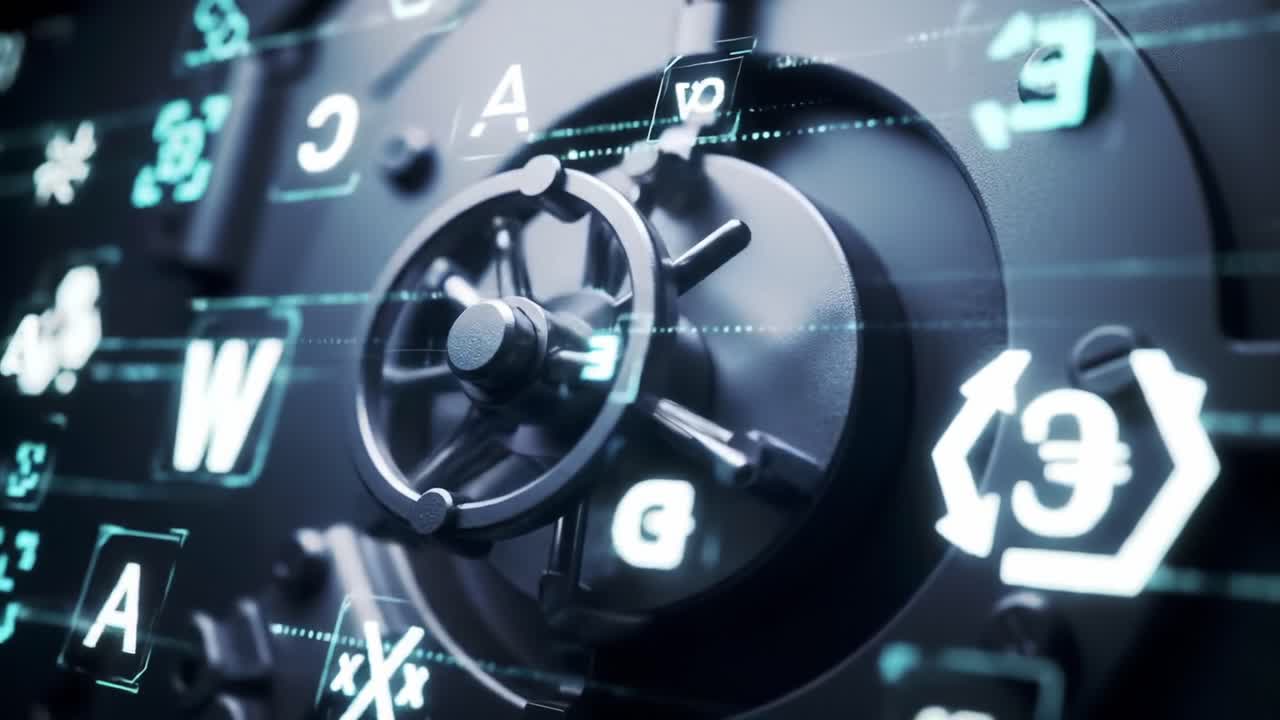 Exploring the Intricacies of a Secure Vault: A Close-Up View of a Digital Lock Mechanism Surrounded by Encryption Symbols and Codes
