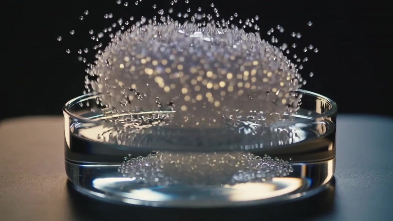 Grappolo crescente di particelle scintillanti che forma uno strato sopra una ciotola di vetro poco profonda, con il liquido che brilla.