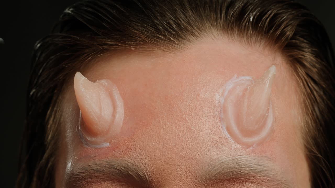 Halloween concept. Demon devil woman with red face and small horns on black background Ideas for halloween body art, make up artist.