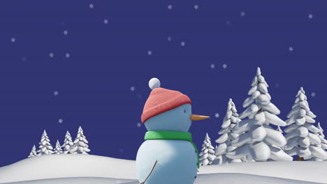 Animation-Eines-Weihnachtlichen-Schneemanns,-Der-Sich-über-Fallenden-Schnee-Auf-Violettem-Hintergrund-Bewegt