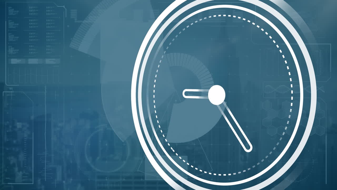 animación del reloj y el procesamiento de datos sobre fondo azul