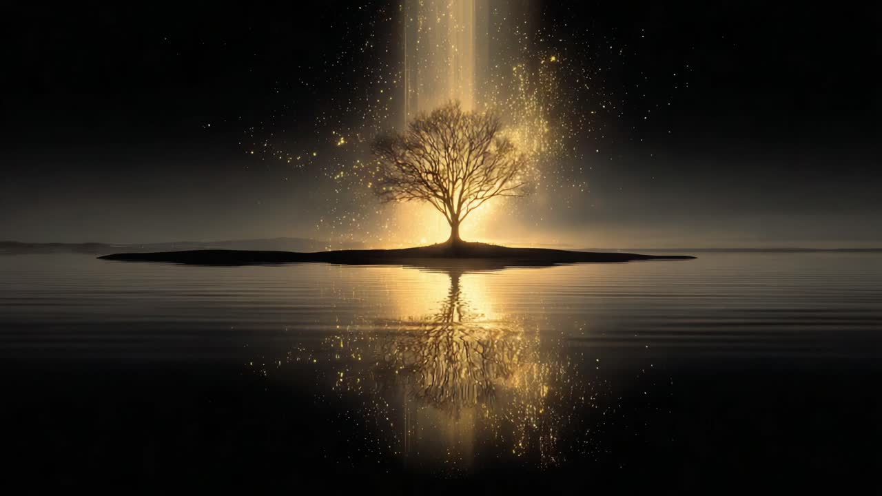 A Majestic Tree Illuminated by a Radiant Light Source Above, Creating a Magical Reflection in the Serene Waters Below and Enveloping the Scene in a Dreamlike Aura