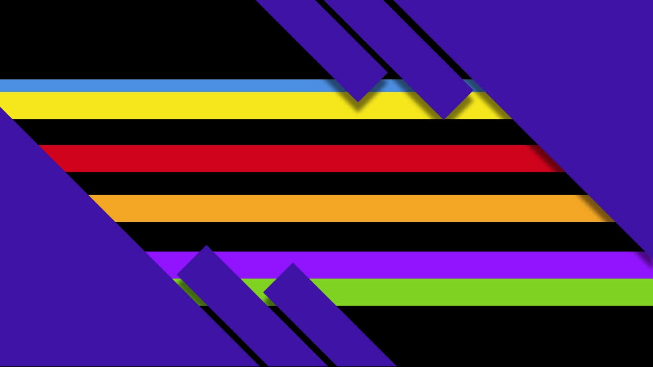 Animation of diagonal blue blocks over colourful horizontal stripes on black background