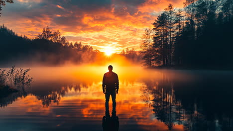 sunset reflection over calm lake with lone figure standing in water