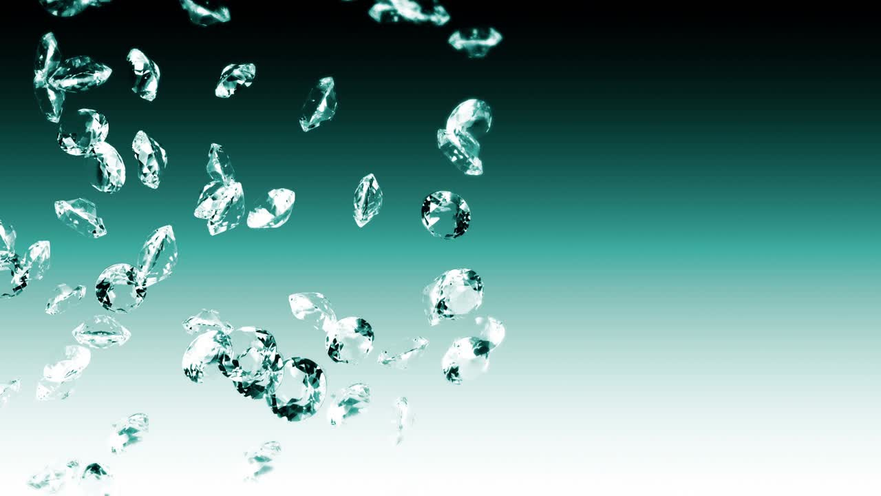 에메랄드 녹색 바탕에 많은 보석 다이아몬드를 날아. 투명하고 귀중한 보석을 빛니다. 화려한 다이애몬드 회전의 3d 애니메이션. 루프 애니메이션.