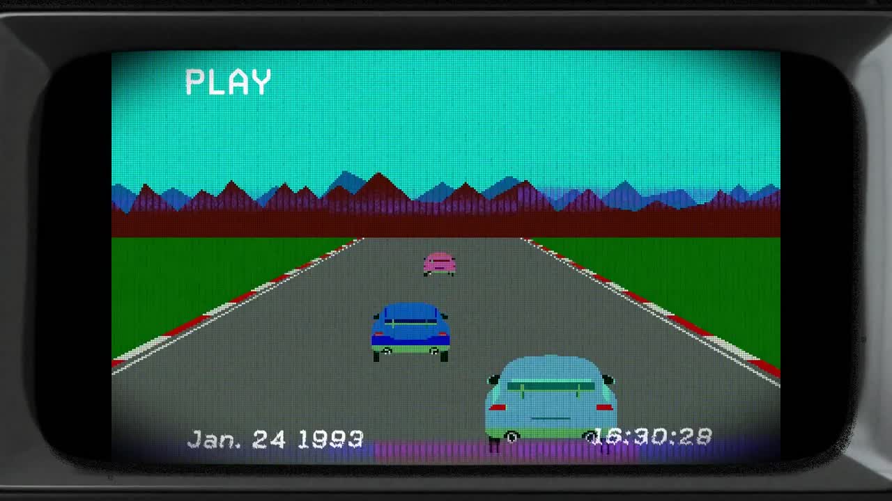 배경에 자동차 경주 게임과 함께 화면 위에서 플레이 디지털 인터페이스의 애니메이션