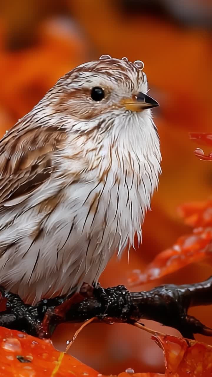 A Stunning Close-Up of a Wet Brown Bird Perched on a Branch Surrounded by Vibrant Orange Leaves After the Rain, Capturing Nature's Beauty in Fine Detail