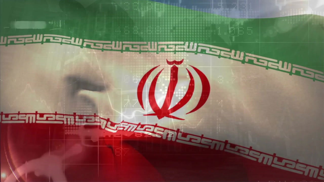 Animation of financial data processing over flag of iran