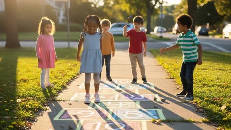 joyful children playing hopscotch together in a sunlit park, enjoying a day of outdoor fun and physical activity with laughter and friendship among peers