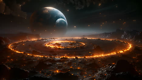 cosmic landscape with spiraling flames and distant planets at night