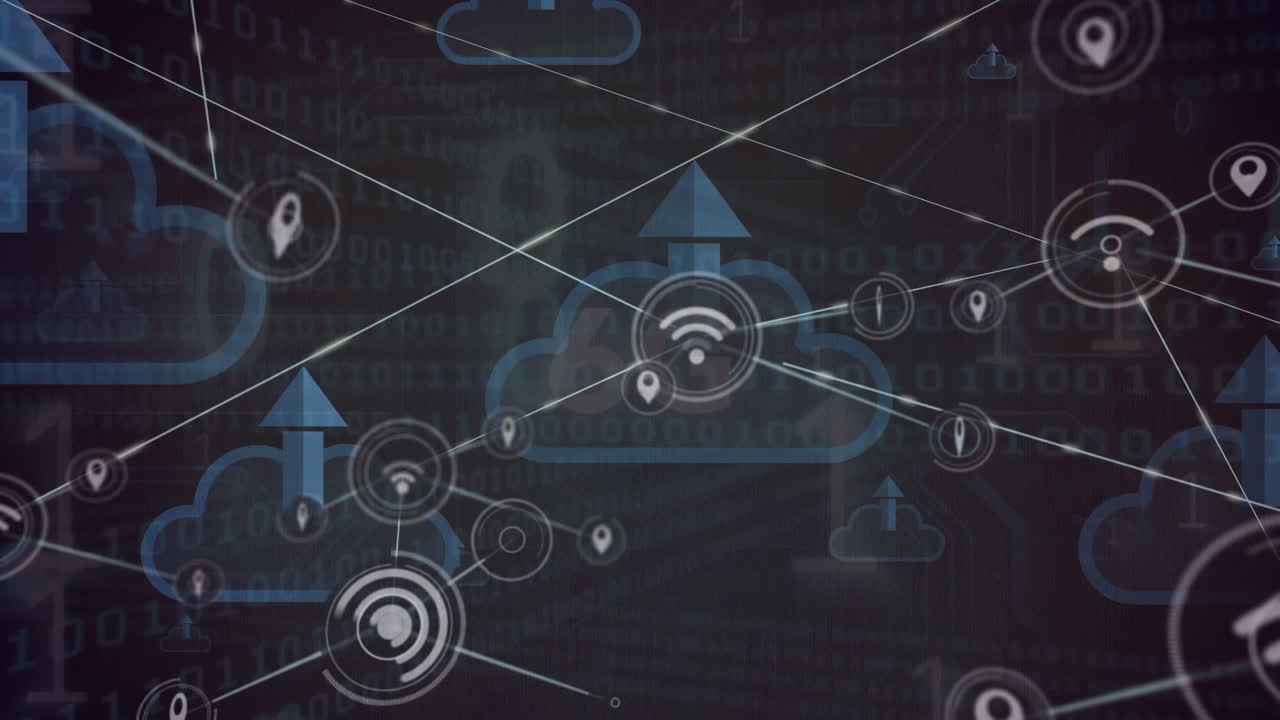 Animation of network of connections and clouds with uploading over navy background