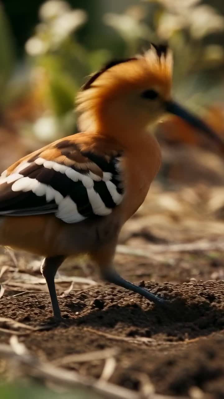 Video verticale: rilevamento di una preda, uccello simile all'upupa che cammina e fruga nel terreno del giardino con il becco curvo