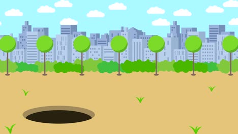 business woman fall into the hole. background of town. risk concept. loop illustration in flat style.