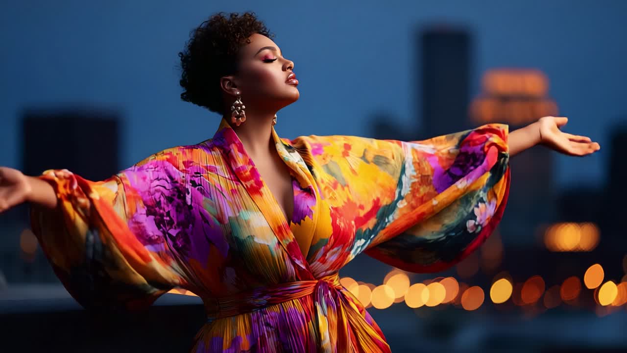 Una figura radiosa in una vivace veste floreale si staglia sullo sfondo di un tramonto, incarnando sicurezza e grazia mentre le luci della città illuminano la sua posa elegante e i suoi tratti sorprendenti
