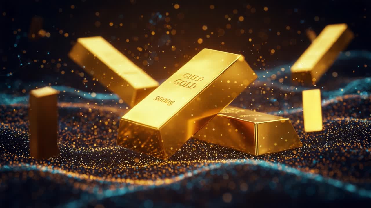A Captivating Display of Gleaming Gold Bars Surrounded by Ethereal Particles, Showcasing their Luster and Value Amidst a Mysterious Digital Landscape