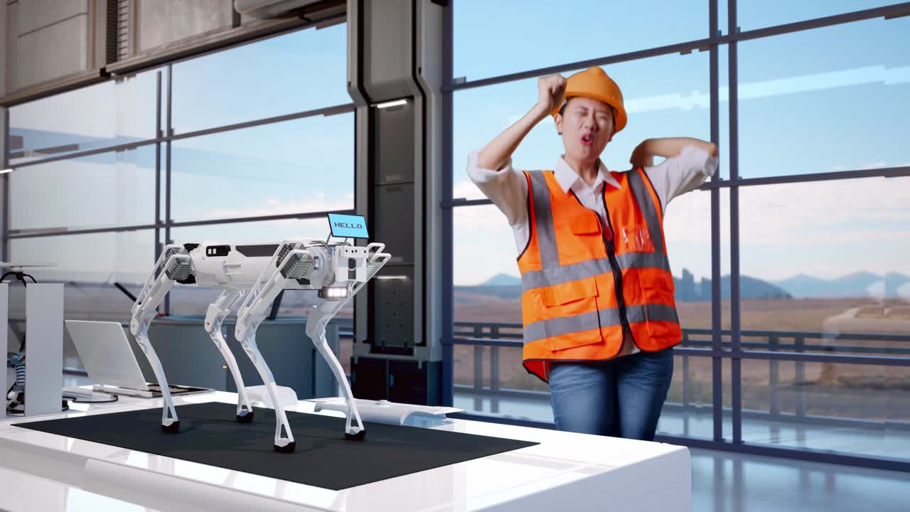 corpo pieno di ingegnere donna asiatica con casco di sicurezza urlando gol e ballando festeggiando in fabbrica ad alta tecnologia, analizzando il concetto di macchina robotica