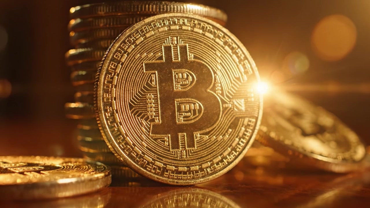 Moedas de Bitcoin Brilhantes Empilhadas Elegantemente em uma Superfície de Madeira, Refletindo a Luz para Enfatizar Seu Valor e a Significância da Criptomoeda em uma Economia Digital