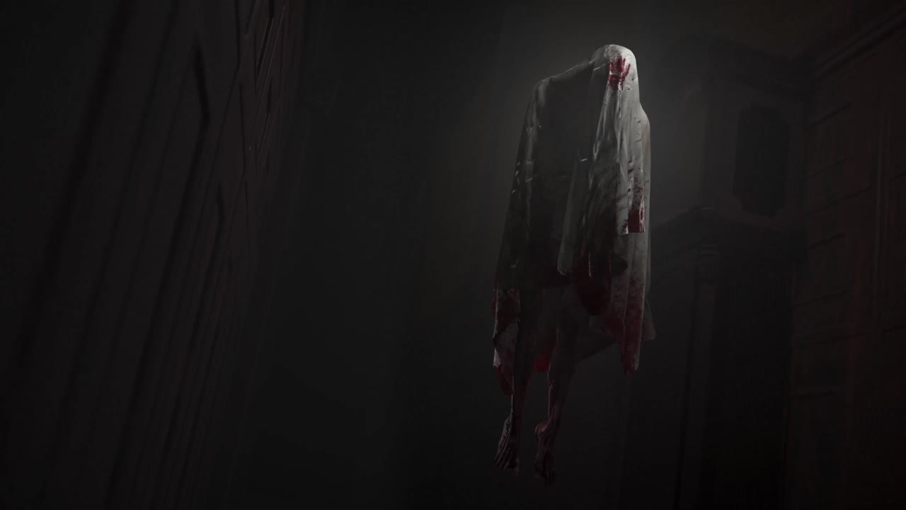 Animation of moving ghost and buildings on black background