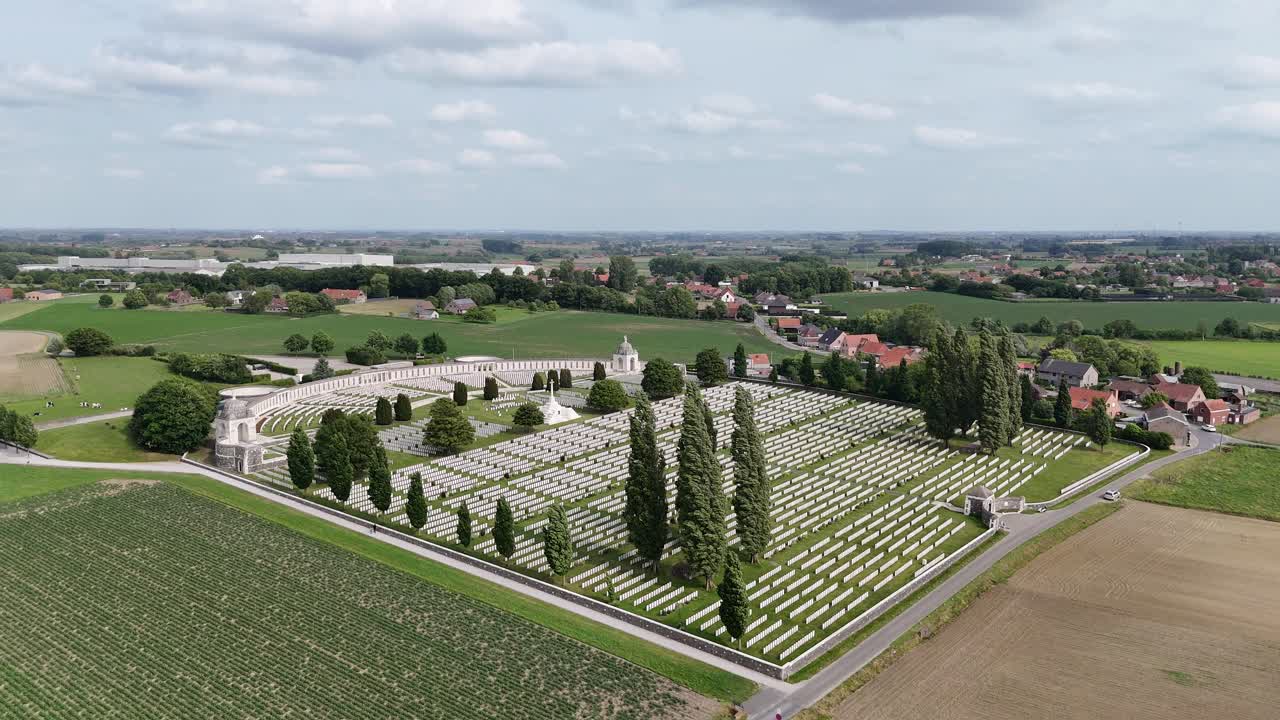 Tyne Cot Cemetery Ypres Salient establishing aerial shot