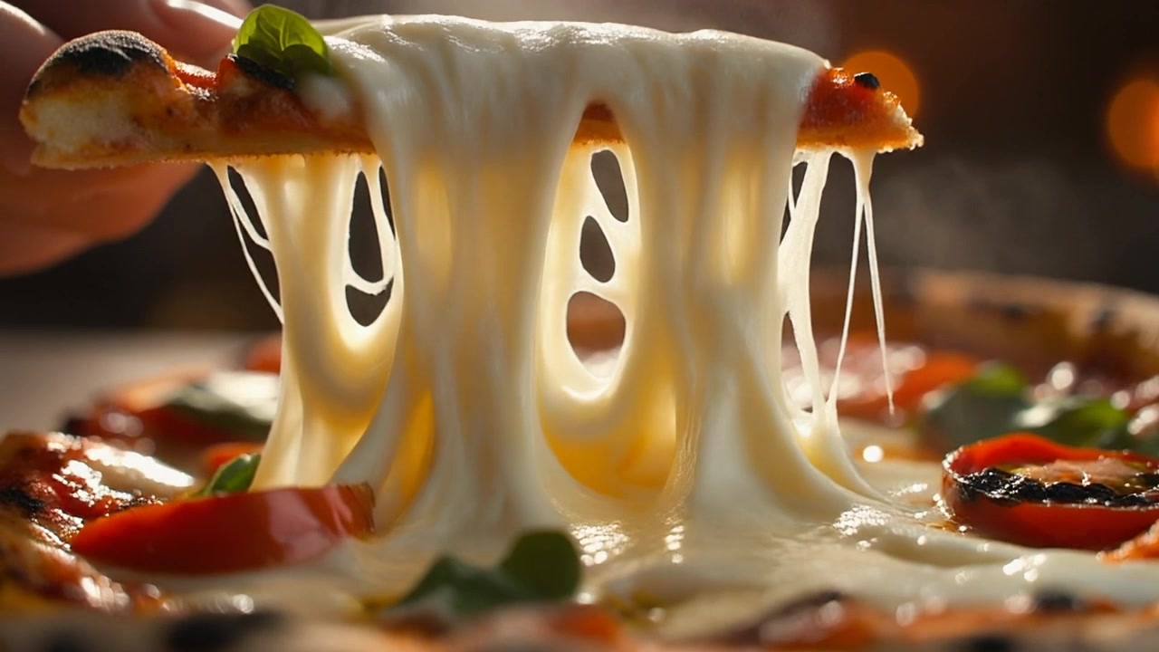 Hånd som løfter et stykke varm, fersk pizza med smeltende ost