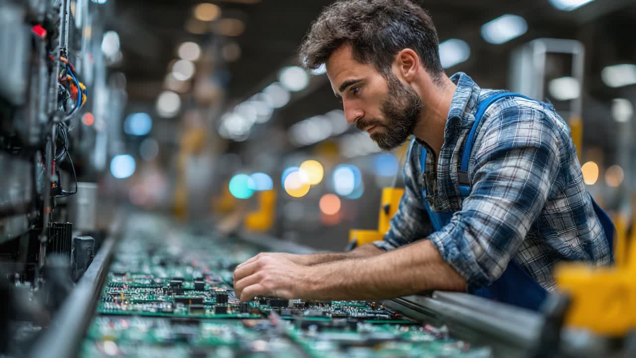 Tecnico concentrato che assembla circuiti elettronici in un moderno stabilimento di produzione, dimostrando precisione e abilità nel processo di produzione di circuiti stampati.
