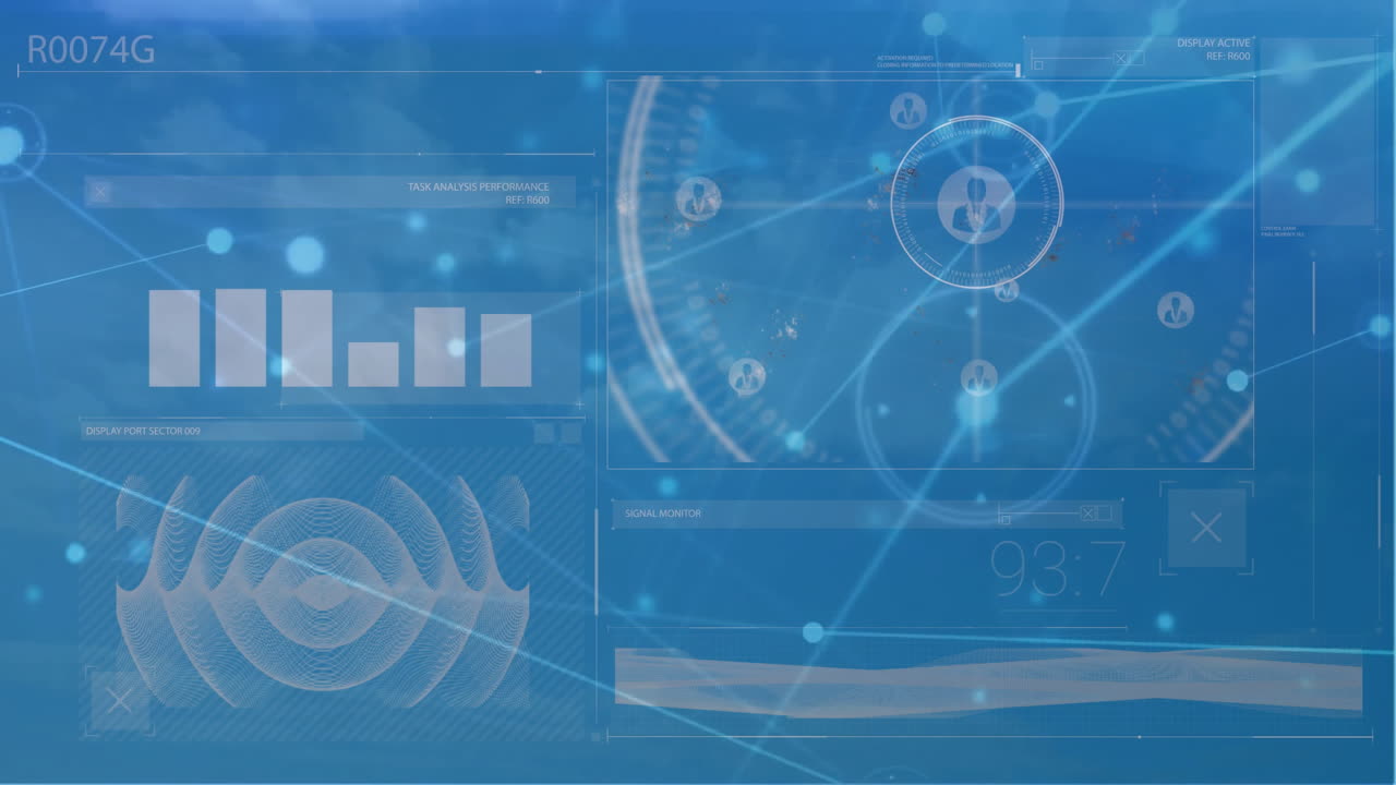 animation of network of connections and scopes over blue background ...