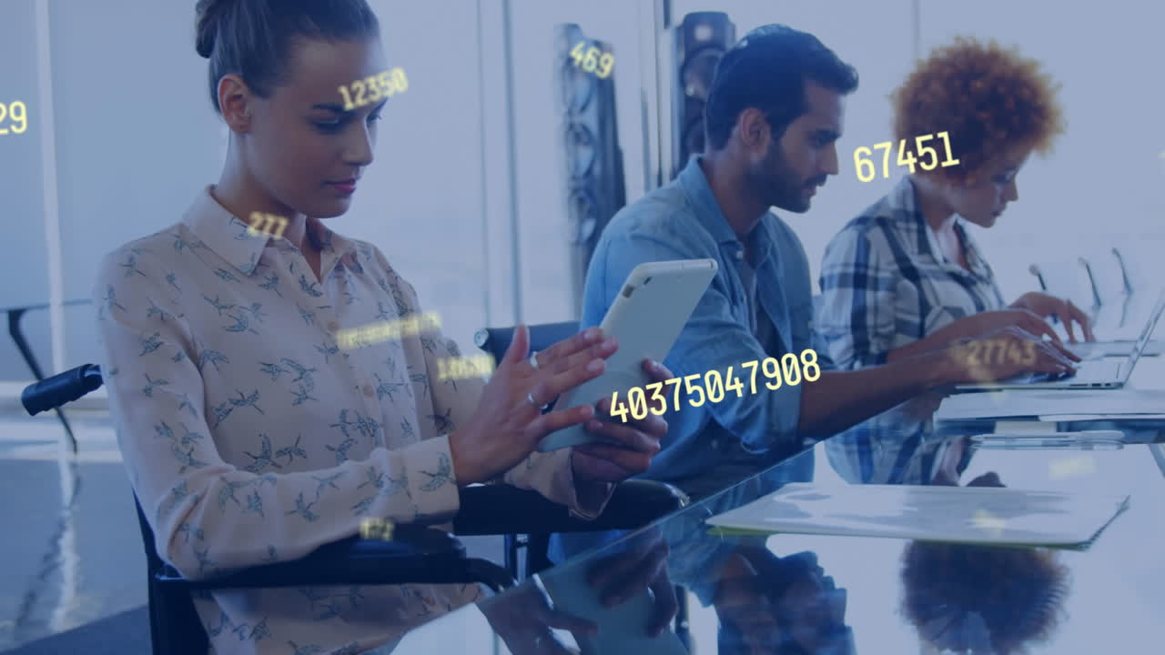 Animation of changing numbers over diverse coworker working on laptop and using cellphone