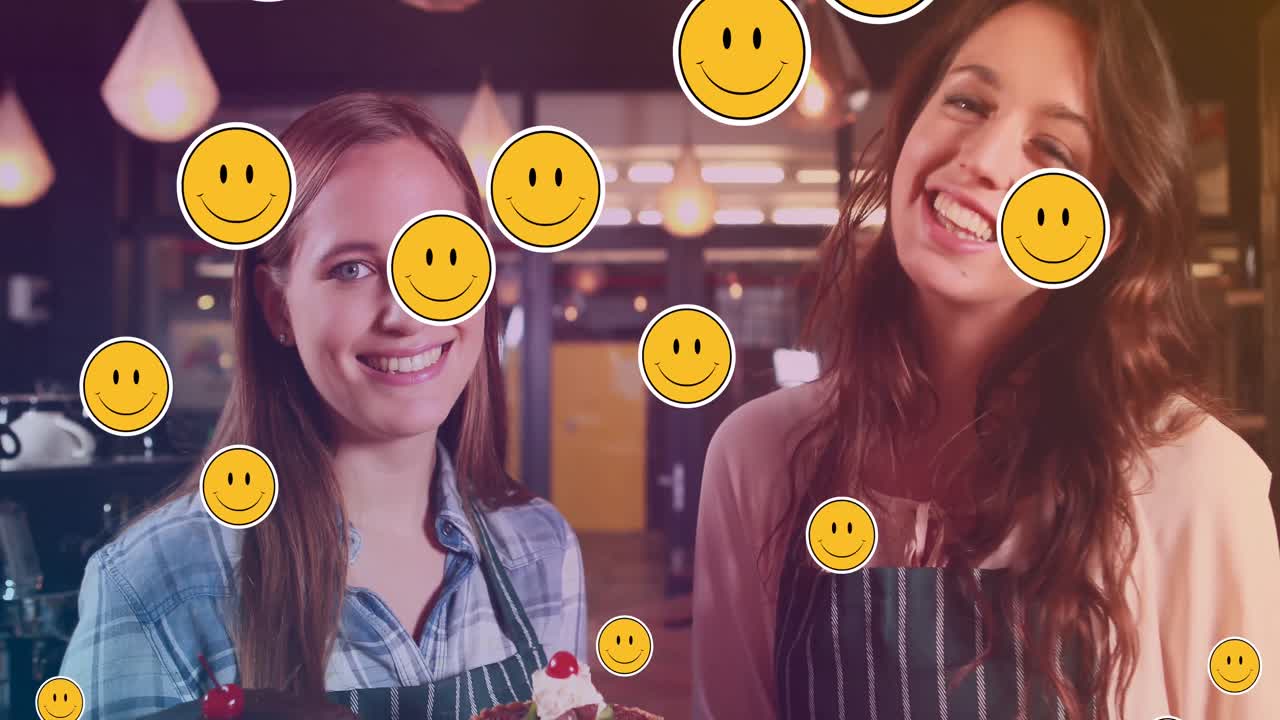 케이크를 가진 행복한 백인 여성 베이커에 대한 이모티콘의 애니메이션