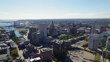 Aerial-of-city-skyscrapers-urban-industry-buildings-on-a-sunny-day-in-Providence-Rhode-Island