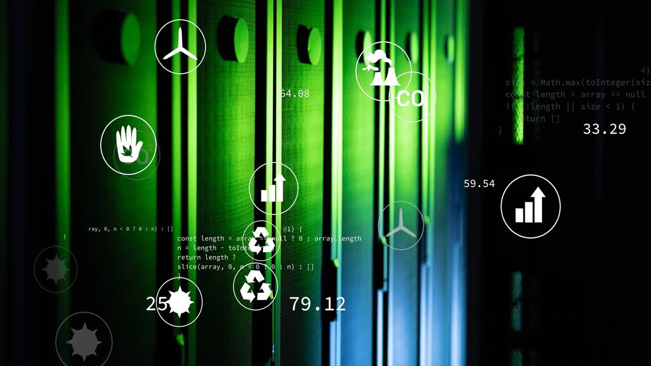 animación de iconos de tecnología verde, codificación en racks de servidores de datos