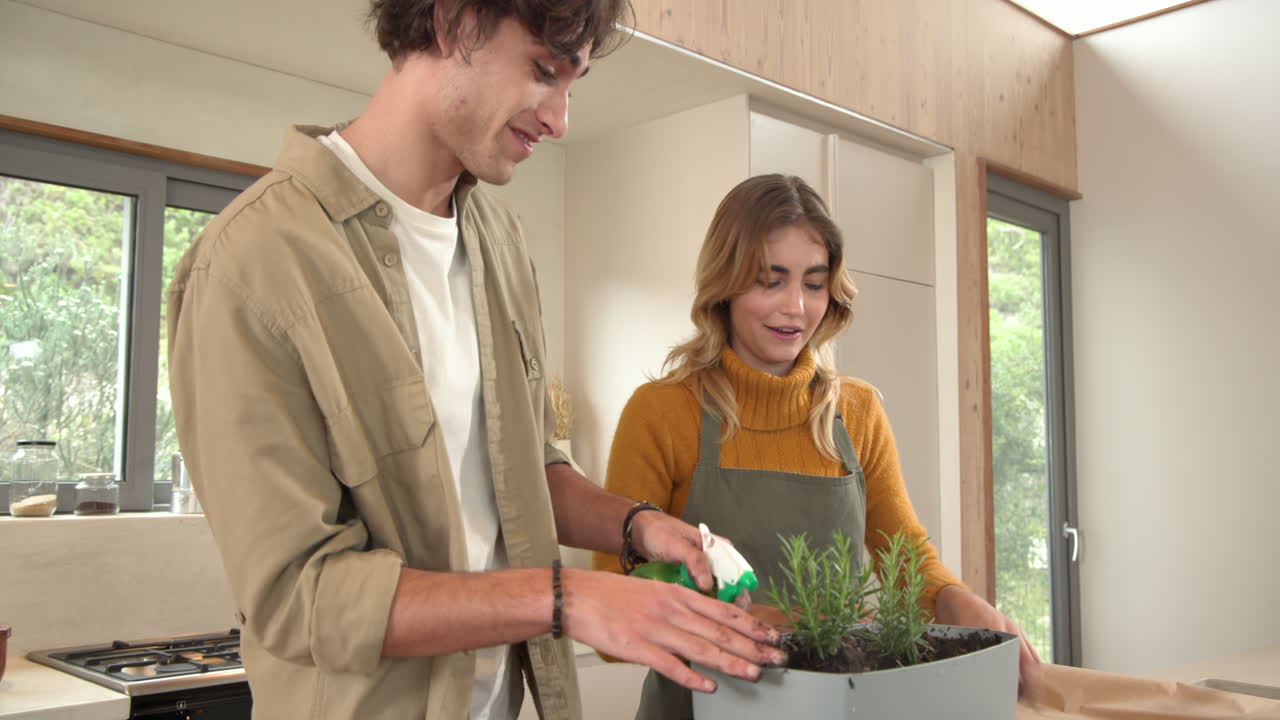 Couple planting herbs together in kitchen, enjoying gardening at home