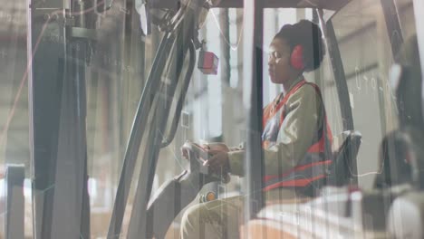 animation of statistics and data processing over african american woman working in warehouse