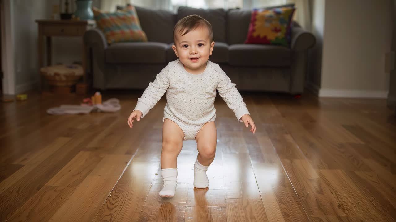 Walking infant in light onesie and white socks seeing camera, approaching at home, floor reflecting