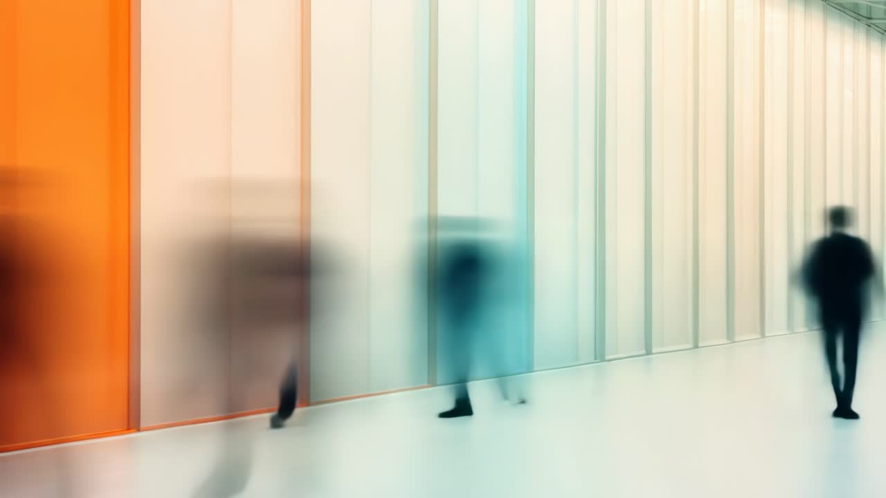 Blurred motion of people walking in a modern hallway with colorful panels