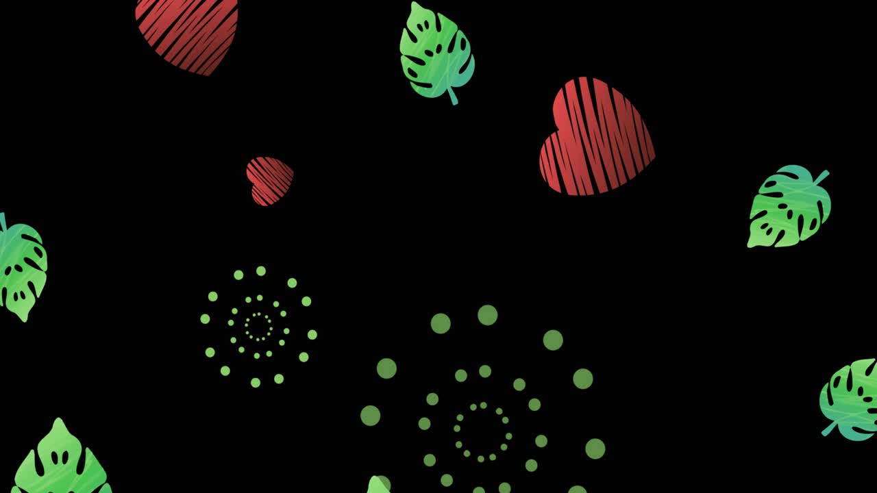 Animation of green firework explosions with green leaf and red heart shapes on black background