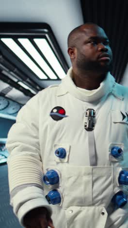 vertical video astronaut walking inside futuristic spacecraft, preparing for scientific mission