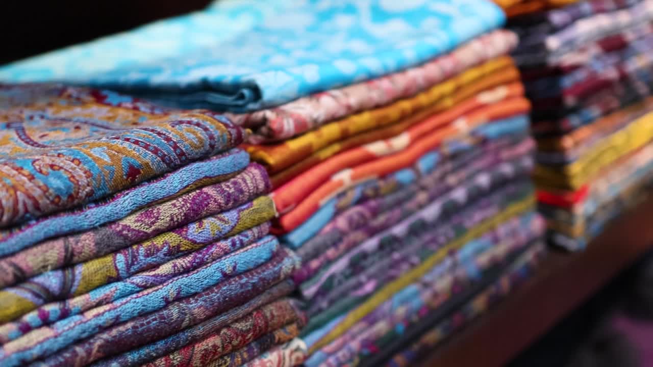 A detailed close-up view of vibrant, patterned fabrics neatly folded and stacked on retail shelves