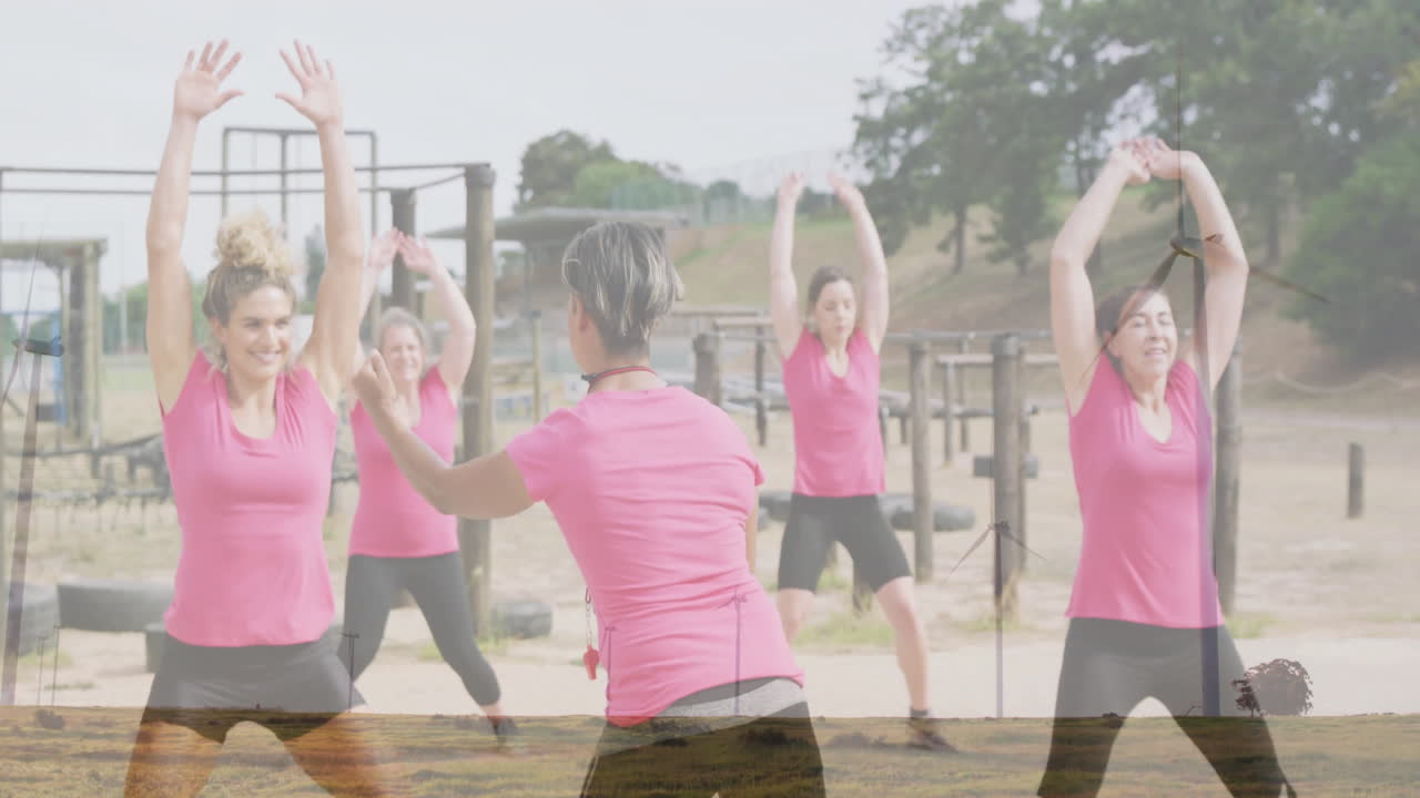 Exercising outdoors, women in pink shirts stretching arms, enjoying animation class