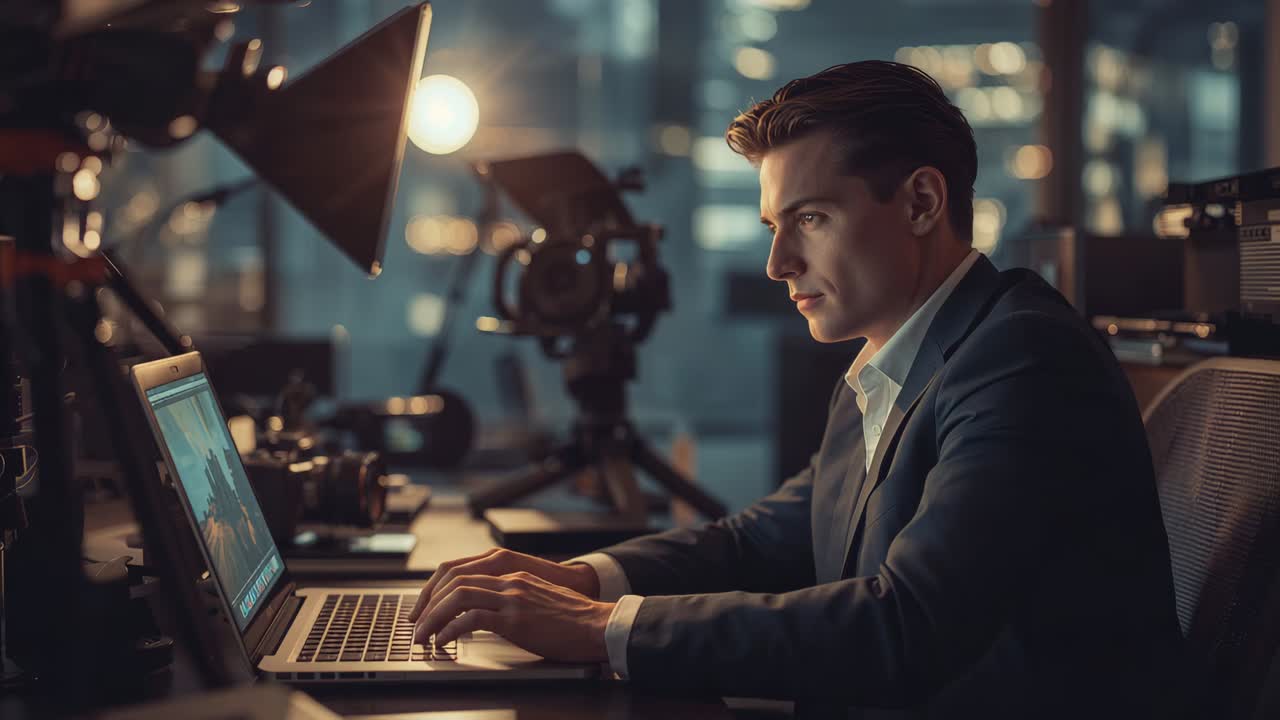 Typing man in suit editing visuals, laptop showing graphics at studio desk with gear, copy space