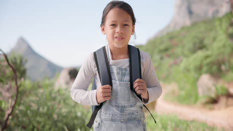 smile, face and kid on a hike with backpack