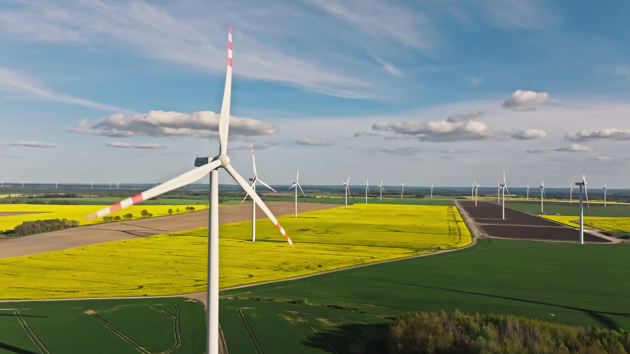 Green renewable wind energy provided by a wind turbine in the field. Aerial