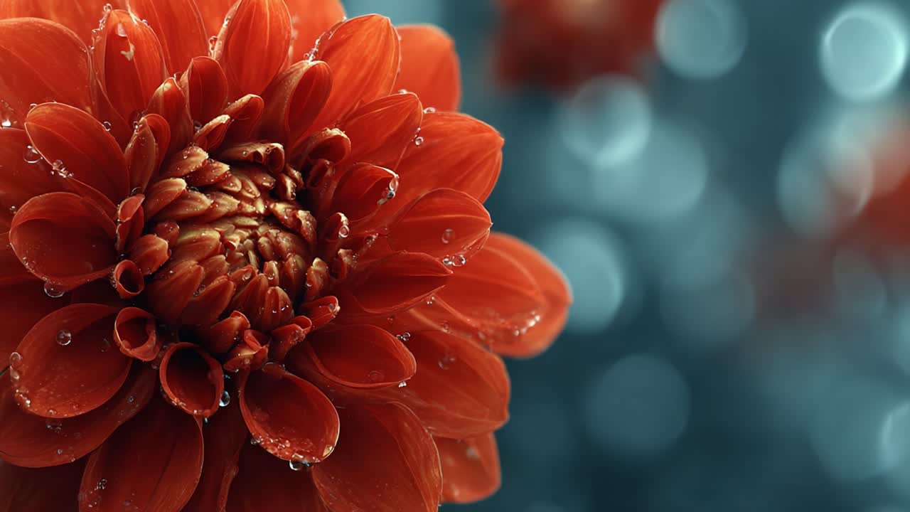 A Stunning Close-Up of a Vibrant Red Flower Showcasing Petals Adorned with Dew Drops Against a Beautifully Blurred Blue Background