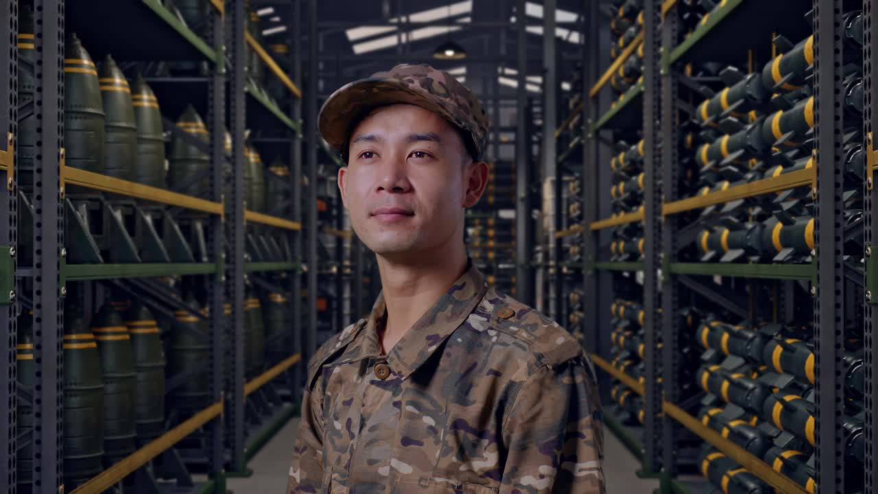 弾薬倉庫に立って周囲を見渡すアジア人兵士の側面からのクローズアップ