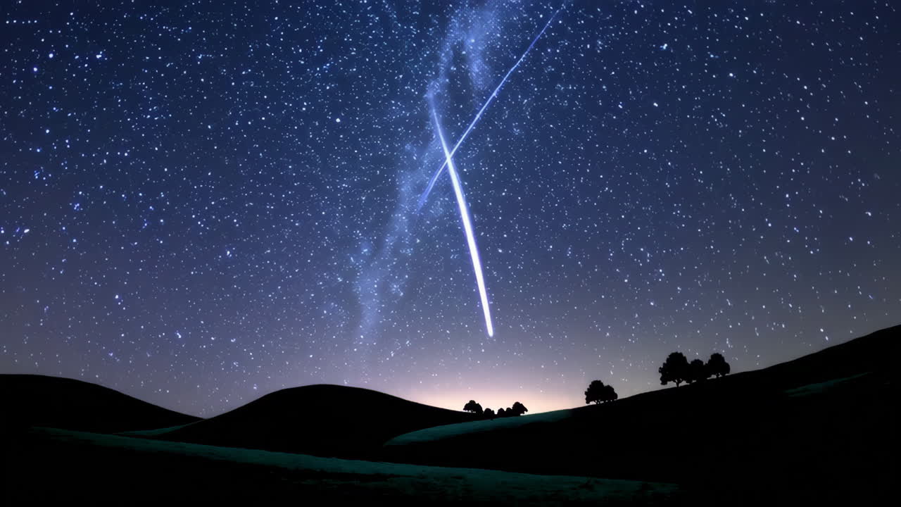 Night Sky with Meteor Shower over Hills